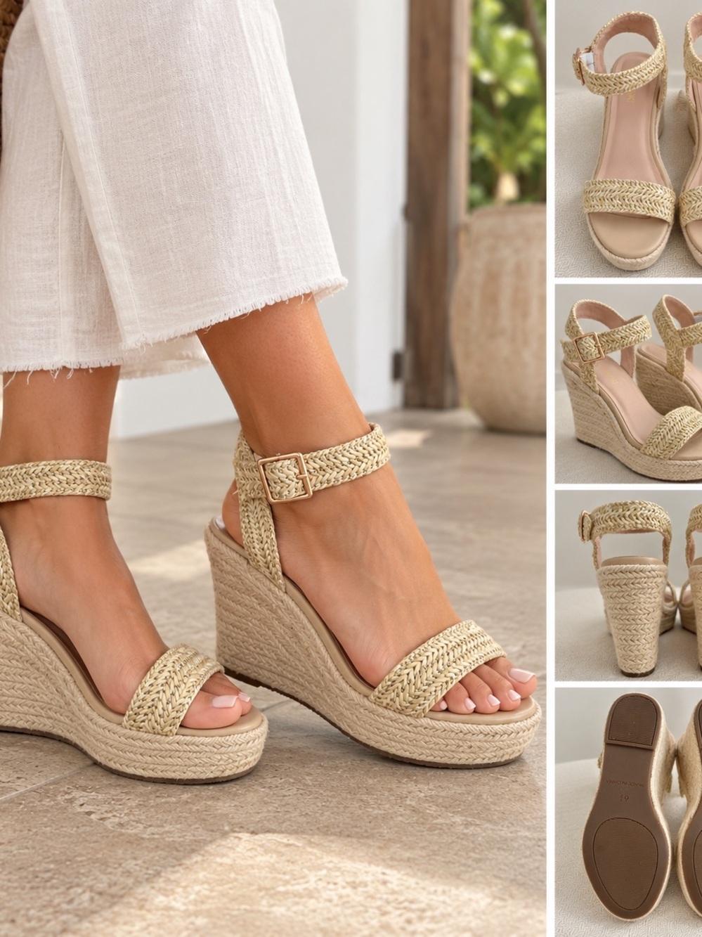 Braided Espadrille Wedge Sandals - Natural Beige